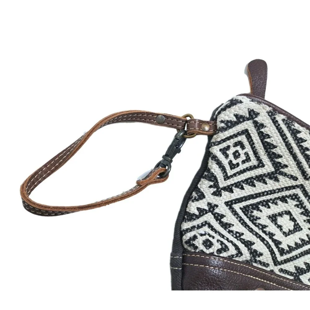 Myra Bag Clutch Wristlet Southwest Canvas Leather Pouch Bag Purse Brown Gray